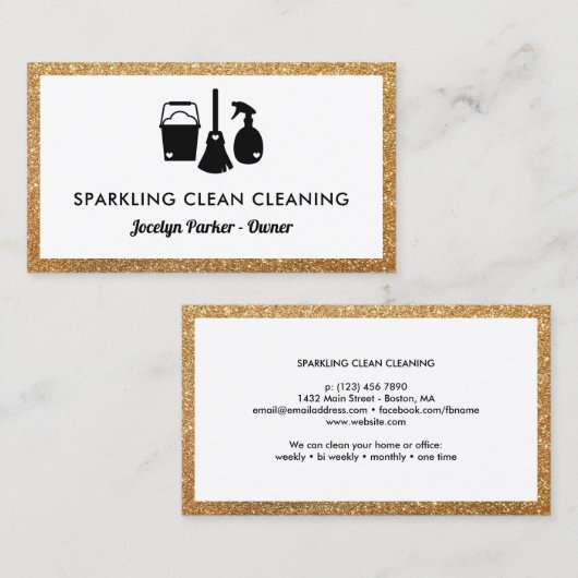 Cute Cleaning Supplies Faux Gold Glitter Cleaner Visitekaartje (Voorkant / Achterkant)