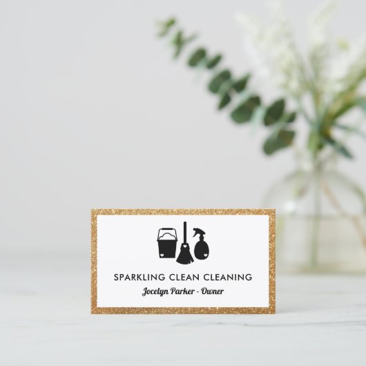 Cute Cleaning Supplies Faux Gold Glitter Cleaner Visitekaartje (Staand voorkant)