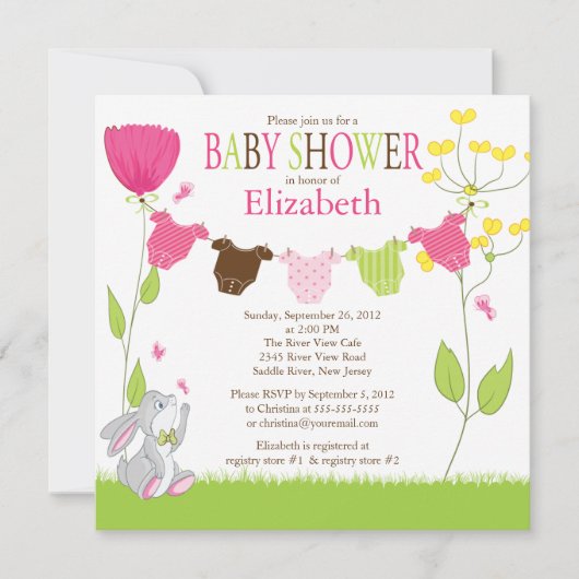 Cute Clothesline Girl Baby Shower Invitations Kaart (Voorkant)