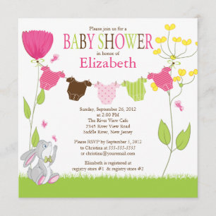 Cute Clothesline Girl Baby Shower Invitations Kaart