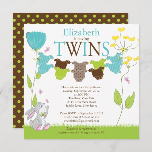 Cute Clothesline Multiple Baby Shower Invitations Kaart (Voorkant / Achterkant)