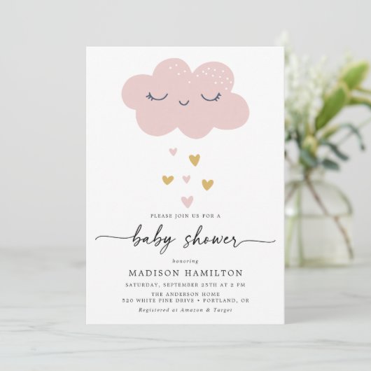 Cute Cloud and Hearts Pink and Gold Baby shower Kaart (Staand voorkant)