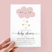 Cute Cloud and Hearts Pink and Gold Baby shower Kaart