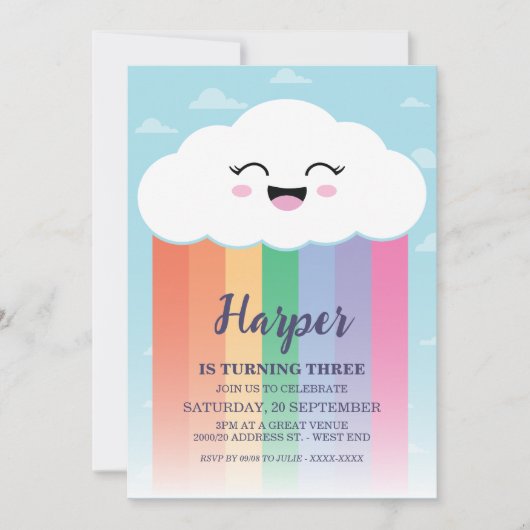 Cute Cloud and Rainbow Birthday Party Kaart (Voorkant)