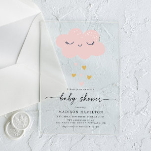 Cute Cloud en Harten Roze en Gouden Baby Shower Acryl Uitnodigingen