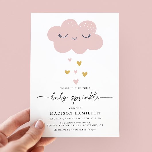 Cute Cloud en Harten Roze en Gouden Baby Sprinkle Kaart
