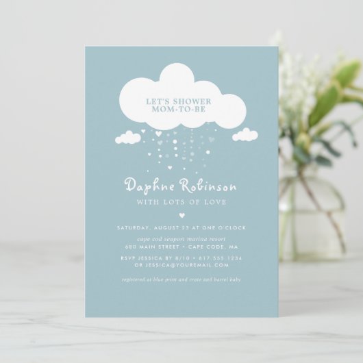 Cute Cloud Rain Hearts Baby shower Invitation Kaar Kaart (Staand voorkant)
