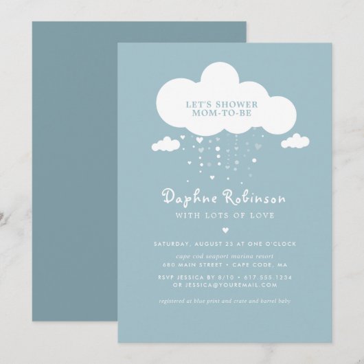 Cute Cloud Rain Hearts Baby shower Invitation Kaar Kaart (Voorkant / Achterkant)