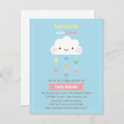 Cute Cloud Sprinkle Rainbow Hearts Baby shower Kaart (Voorkant / Achterkant)