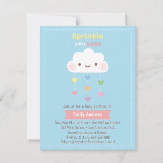 Cute Cloud Sprinkle Regenboog Hartjes Baby Shower Kaart (Voorkant)