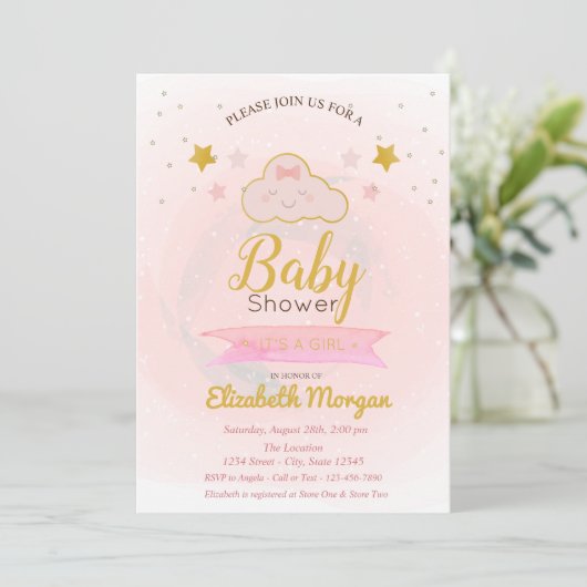 Cute Cloud, sterren Het is een meisje Baby shower Kaart (Staand voorkant)