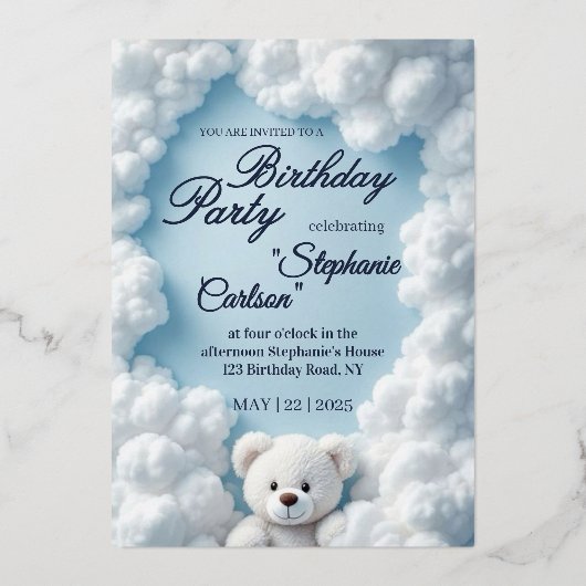 Cute Cloud & Teddy Bear Birthday Invitation Folie Uitnodiging (Voorkant)