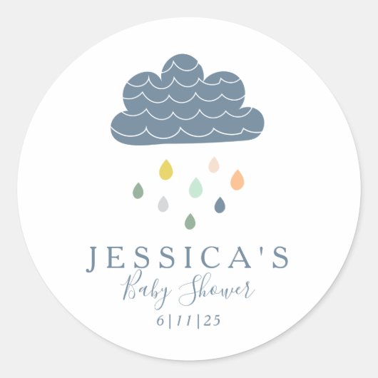 Cute Clouds and Raindrops in Blue Baby shower Ronde Sticker (Voorkant)