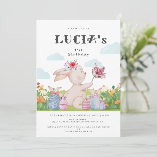 Cute Cloudy Light Blue Easter Bunny Baby Birthday Kaart (Staand voorkant)