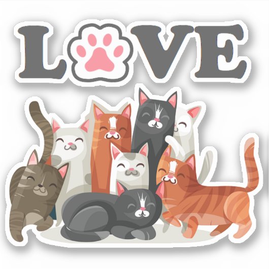 Cute Clowder of Cats Illustration with LOVE Sticker (Voorkant)