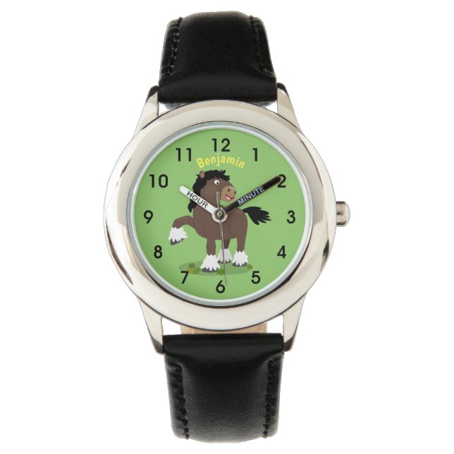Cute Clydesdale draft horse cartoon illustration Horloge (Voorkant)