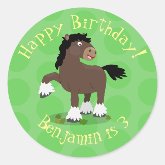 Cute Clydesdale draft horse cartoon illustration Ronde Sticker (Voorkant)