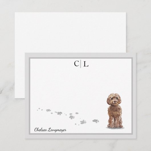 Cute Cockapoo Dog Gray Border Monogram Jouw naam Notitiekaartje (Voorkant / Achterkant)