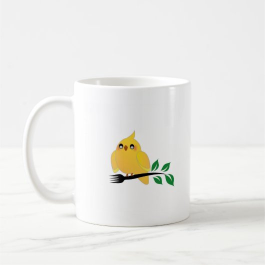 Cute cockatiel met een vork koffiemok (Links)