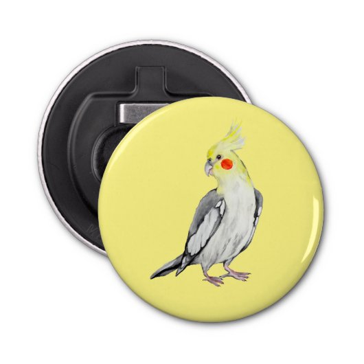 Cute Cockatiel Waterverf Parrot. Button Flesopener (Voorkant)
