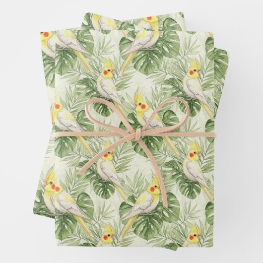 Cute Cockatiel with Tropical Plants Pet Bird Lover Inpakpapier Vel (In situ)