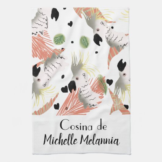 Cute Cockato Hearts Greenery Illustratie Theedoek (Verticaal)