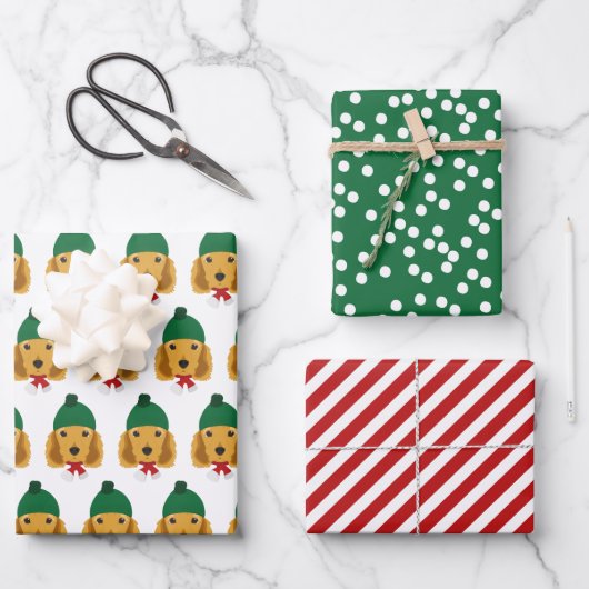 Cute Cocker Spaniel & Red Striped Kerstmis Inpakpapier Vel (Voorkant)