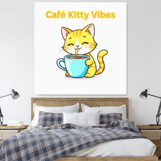 **Cute Coffee Cat – Adorable Cat Drinking Coffee I Canvas Afdruk (Insitu (Slaapkamer))