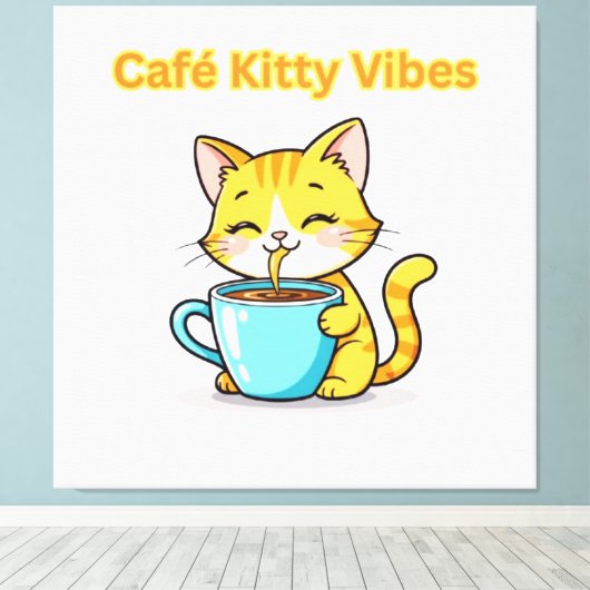 **Cute Coffee Cat – Adorable Cat Drinking Coffee I Canvas Afdruk (Insitu (Houten vloer))