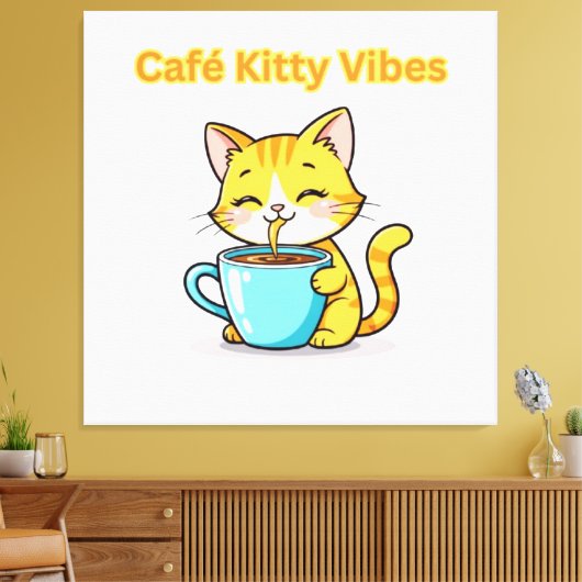 **Cute Coffee Cat – Adorable Cat Drinking Coffee I Canvas Afdruk (Insitu (Woonkamer))