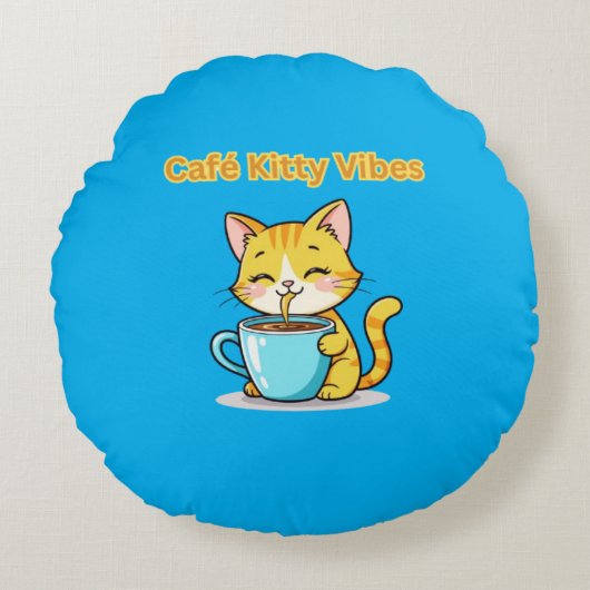 **Cute Coffee Cat – Adorable Cat Drinking Coffee I Rond Kussen (Voorkant)