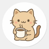 Cute Coffee Cat Kawaii Cozy Aesthetic Design Ronde Sticker (Voorkant)