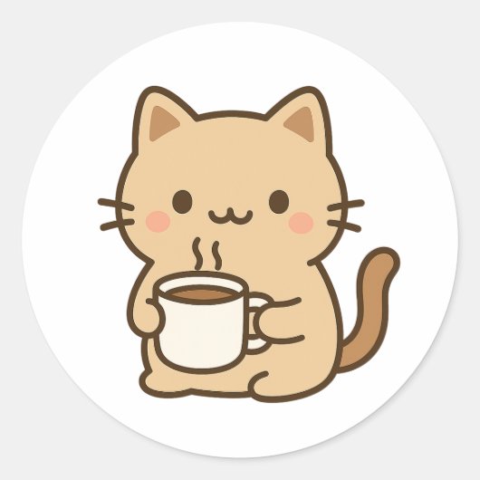 Cute Coffee Cat Kawaii Cozy Aesthetic Design Ronde Sticker (Voorkant)