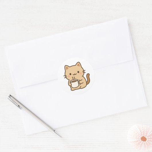 Cute Coffee Cat Kawaii Cozy Aesthetic Design Ronde Sticker (Envelop)