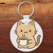 Cute Coffee Cat Kawaii Cozy Aesthetic Design Sleutelhanger (Voorkant)