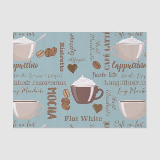 Cute Coffee Cups Cream Caffeine Grains Brown Heart Tissuepapier (Voorkant)