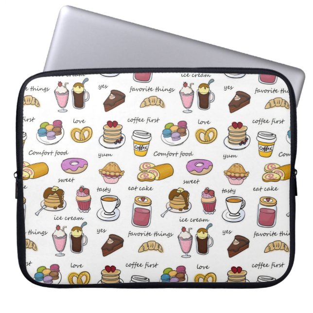 Cute Coffee en Comfort Food Illustrated Pattern Laptop Sleeve (Voorkant)