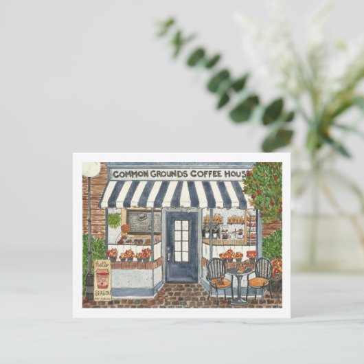 Cute Coffee House Storefront Waterverf Briefkaart (Staand voorkant)
