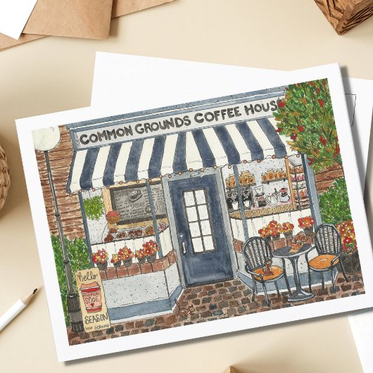 Cute Coffee House Storefront Waterverf Briefkaart