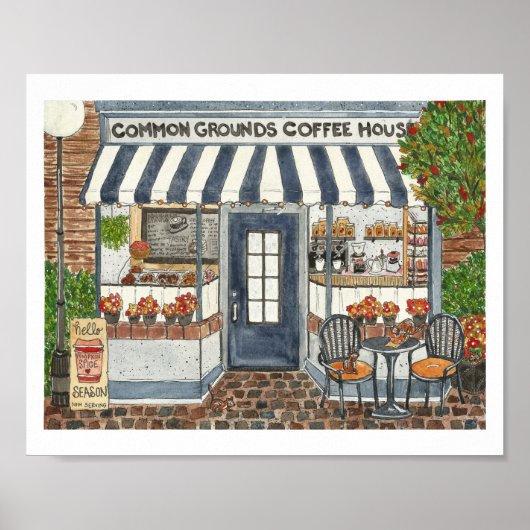 Cute Coffee House Storefront Waterverf Poster (Voorkant)