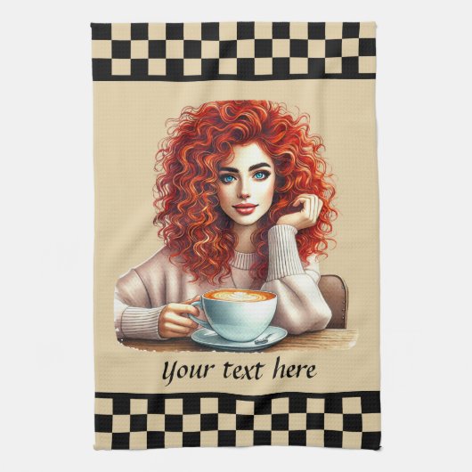 Cute Coffee Lady Tekst toevoegen Theedoek (Verticaal)