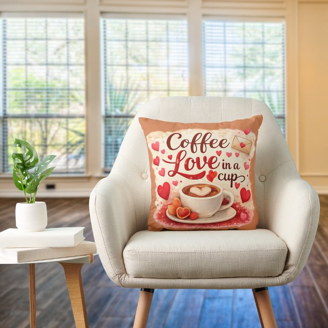 Cute Coffee Love in a Cup Valentine Quote Brown Kussen (16x16 square pillow. Great for gift for the coffee lover.)