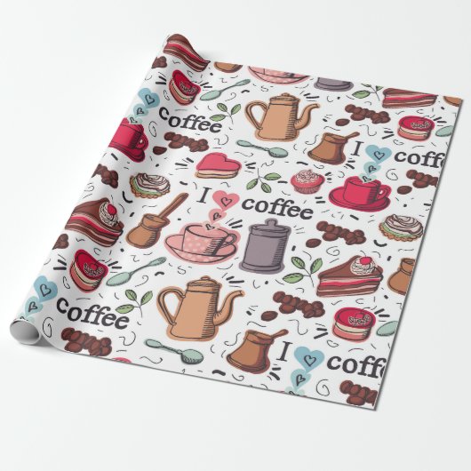 Cute Coffee Pattern Cadeaupapier (Uitgerold)