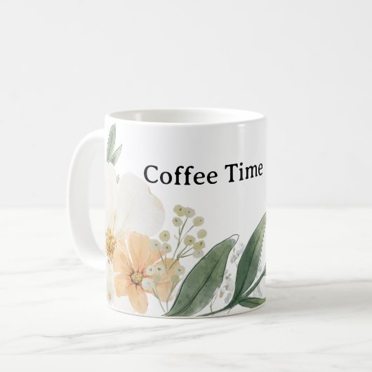 Cute CoffeeTime Teacup. Modern Minimalist Floral Koffiemok (Voorkant links)