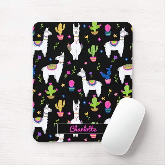 Cute Colorful Alpaca Cactus Custom Name Black Muismat (Met muis)