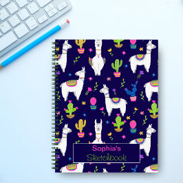 Cute Colorful Alpaca Cactus Custom Name Dark Blue Notitieboek