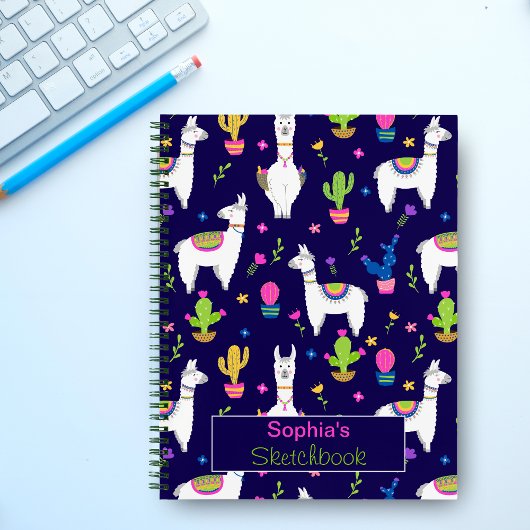 Cute Colorful Alpaca Cactus Custom Name Dark Blue Notitieboek