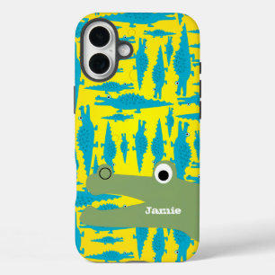 Cute Colorful Aqua and Yellow Alligator Pattern iPhone 16 Plus Hoesje