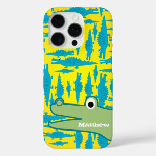 Cute Colorful Aqua and Yellow Alligator Pattern iPhone 16 Pro Hoesje