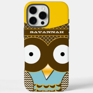 Cute Colorful Aqua Zigzag Mustard Yellow Owl iPhone 16 Pro Max Hoesje